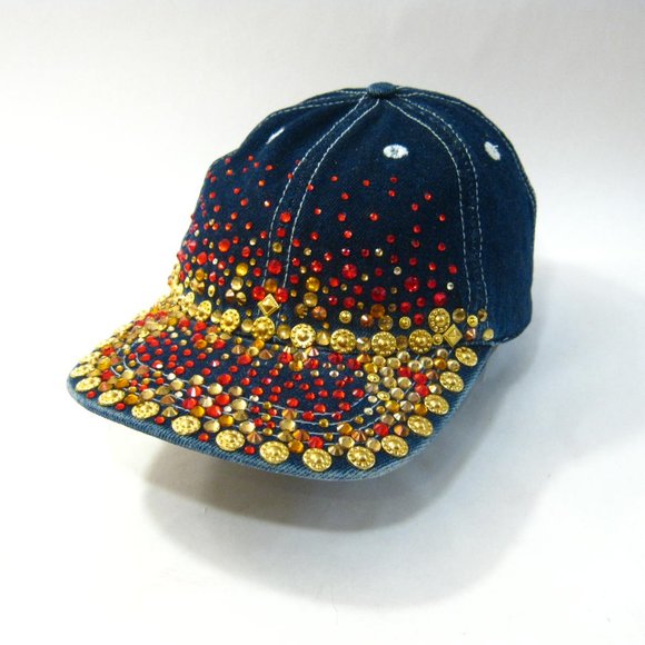 Handmade Denim Red Gold Rhinestone Studded Glittery streetwear Baseball Cap Hat - Picture 3 of 8